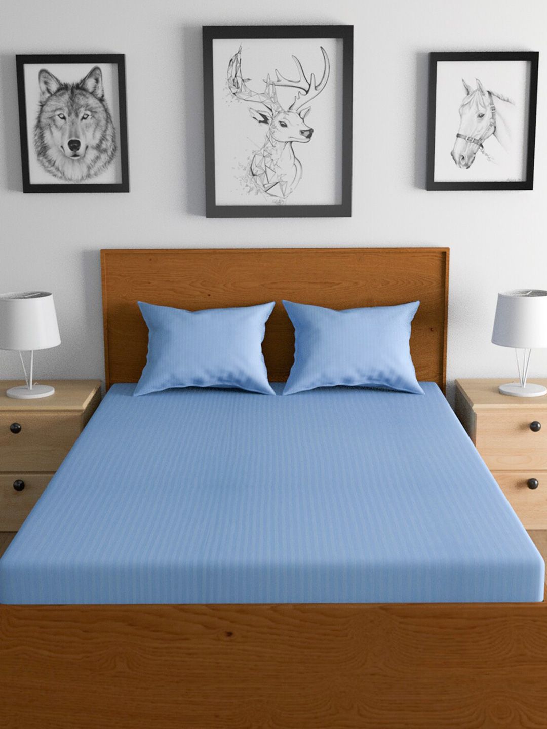 TEAL BY CHUMBAK Blue Printed 210 TC Queen Bedsheet with 2 Pillow Covers