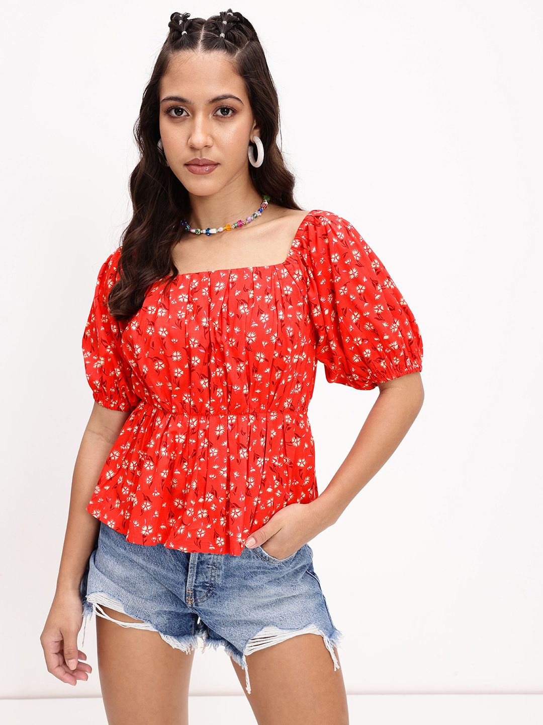 DressBerry Floral Paradise Pleated A-Line Top