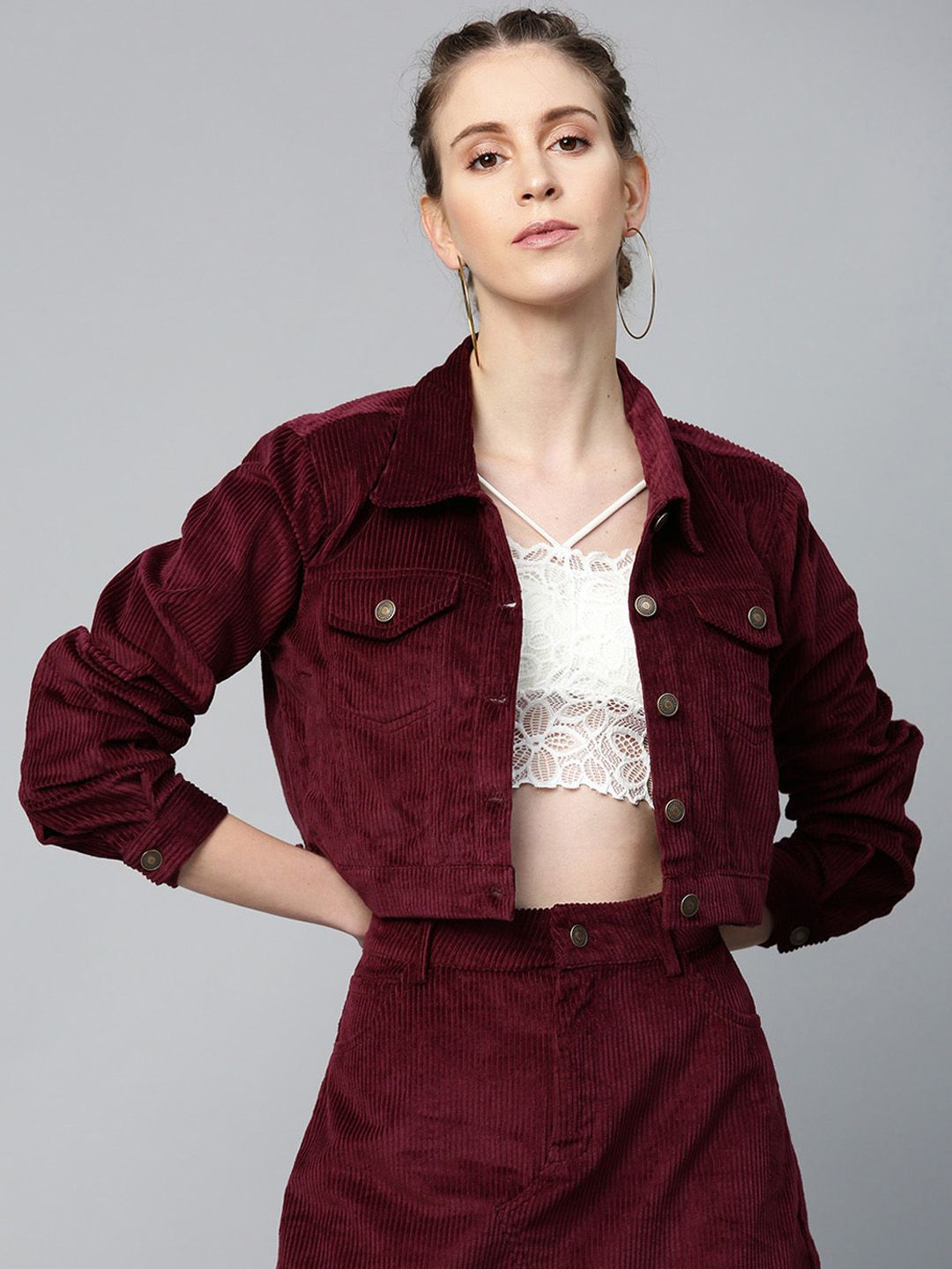 SASSAFRAS Women Burgundy Self-Striped Corduroy Crop Tailored Jacket