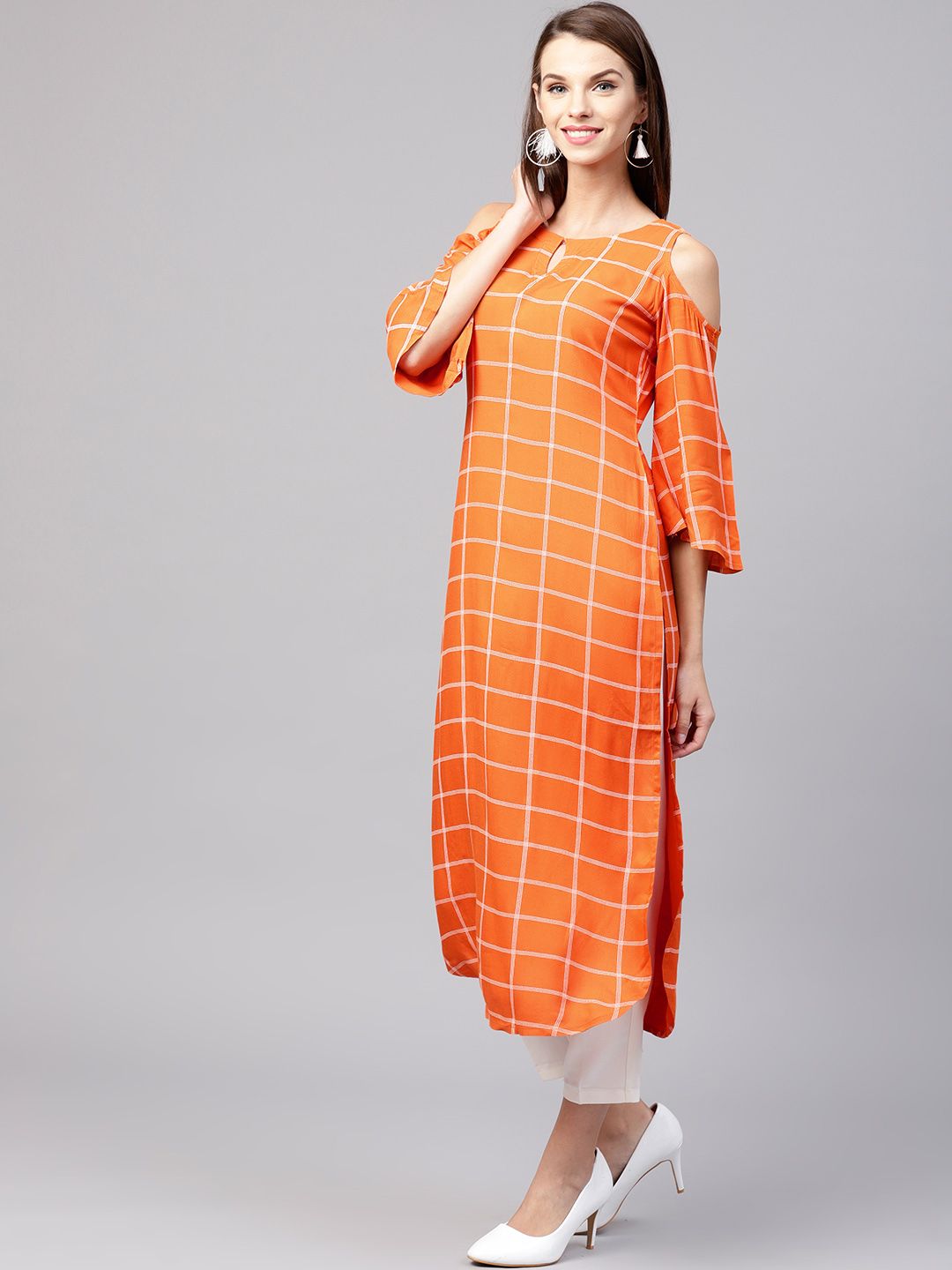 Gerua By Libas Women Orange  White Checked Straight Kurta