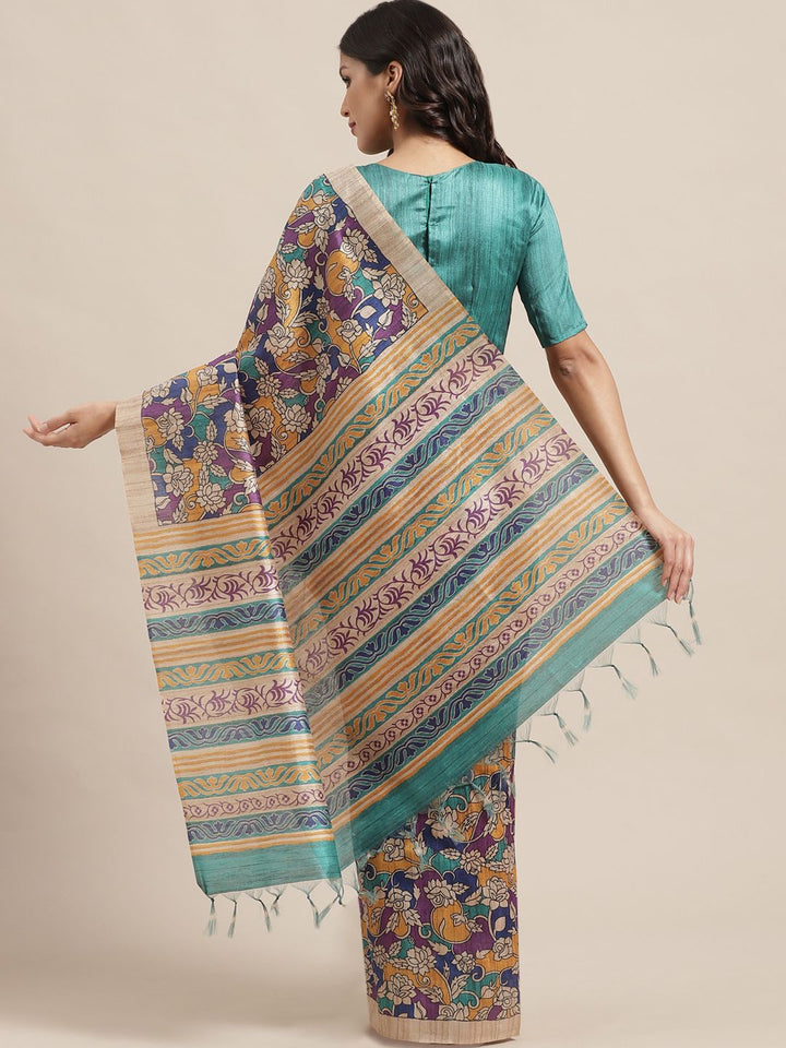 Saree mall Blue & Mustard Yellow Printed Bhagalpuri Handloom Saree
