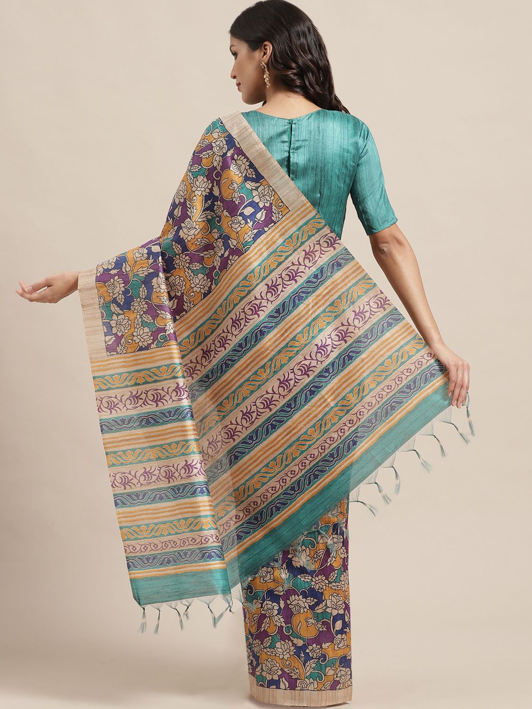 Saree mall Blue & Mustard Yellow Printed Bhagalpuri Handloom Saree