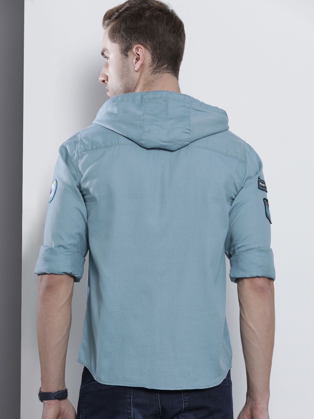 The Indian Garage Co Men Blue Solid Slim Fit Hooded Casual Shirt