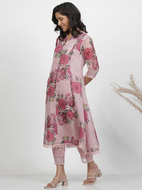 W Floral Printed Regular Three-Quarter Sleeves Organza Kurta with Trousers & With Dupatta