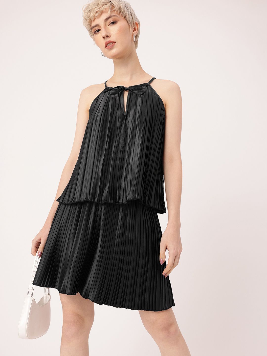 DressBerry Delightful Grace Accordion Pleats Tie-Up Neck Top With Flared Shorts Co-Ords