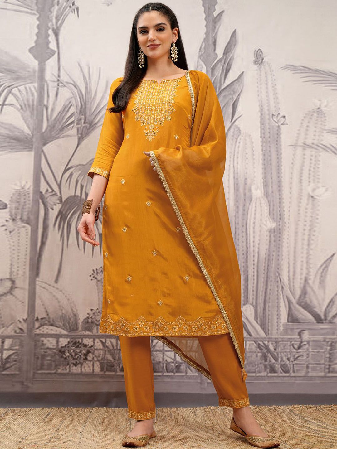 Vishudh Ethnic Motifs Embroidered Straight Kurta & Trousers With Dupatta