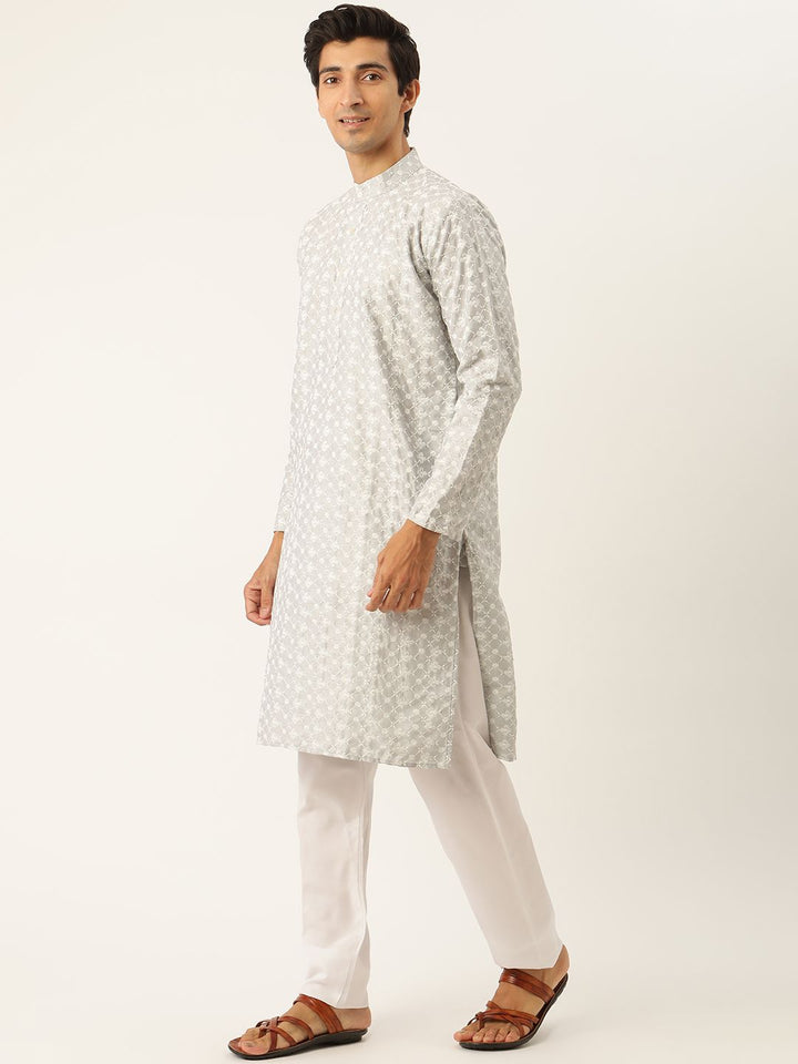 SOJANYA Men Grey Ethnic Motifs Embroidered Thread Work Kurta with Churidar & Nehru Jacket