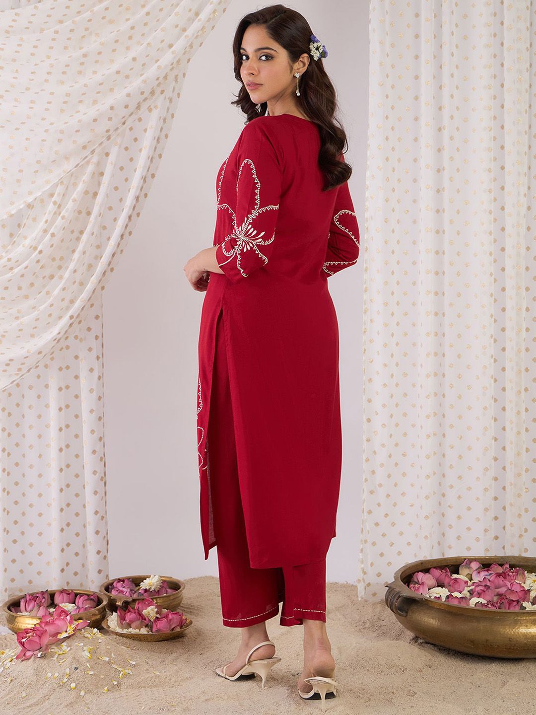Indo Era Embroidered Three-Quarter Sleeves Tunic With Palazzo