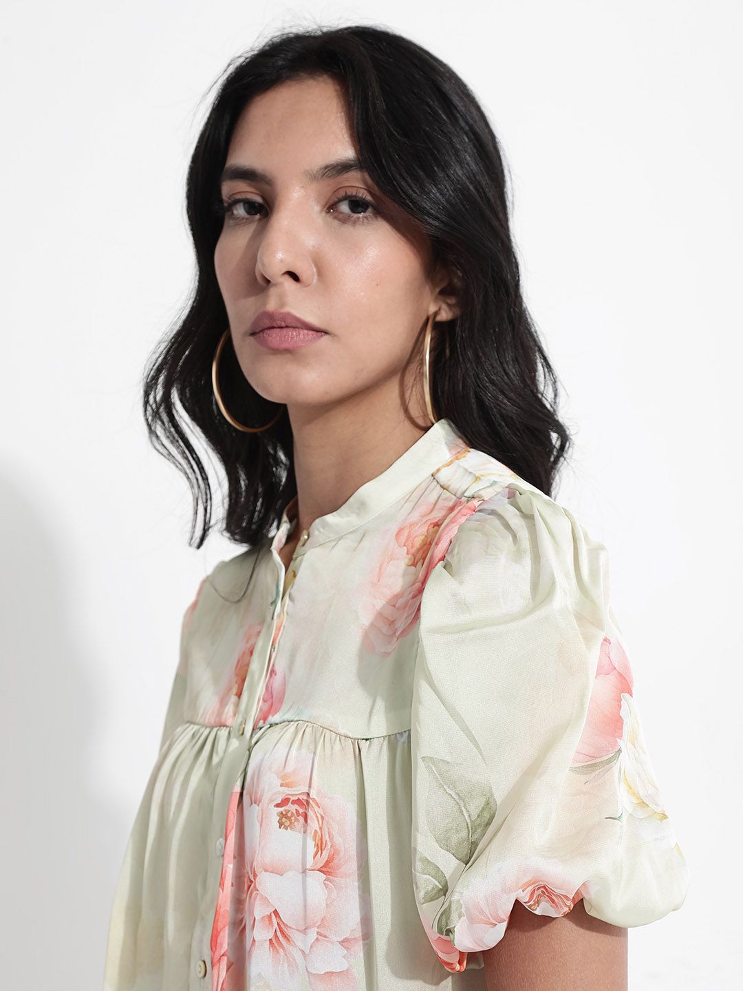 RAREISM Floral Printed Puff Sleeve Cotton Top
