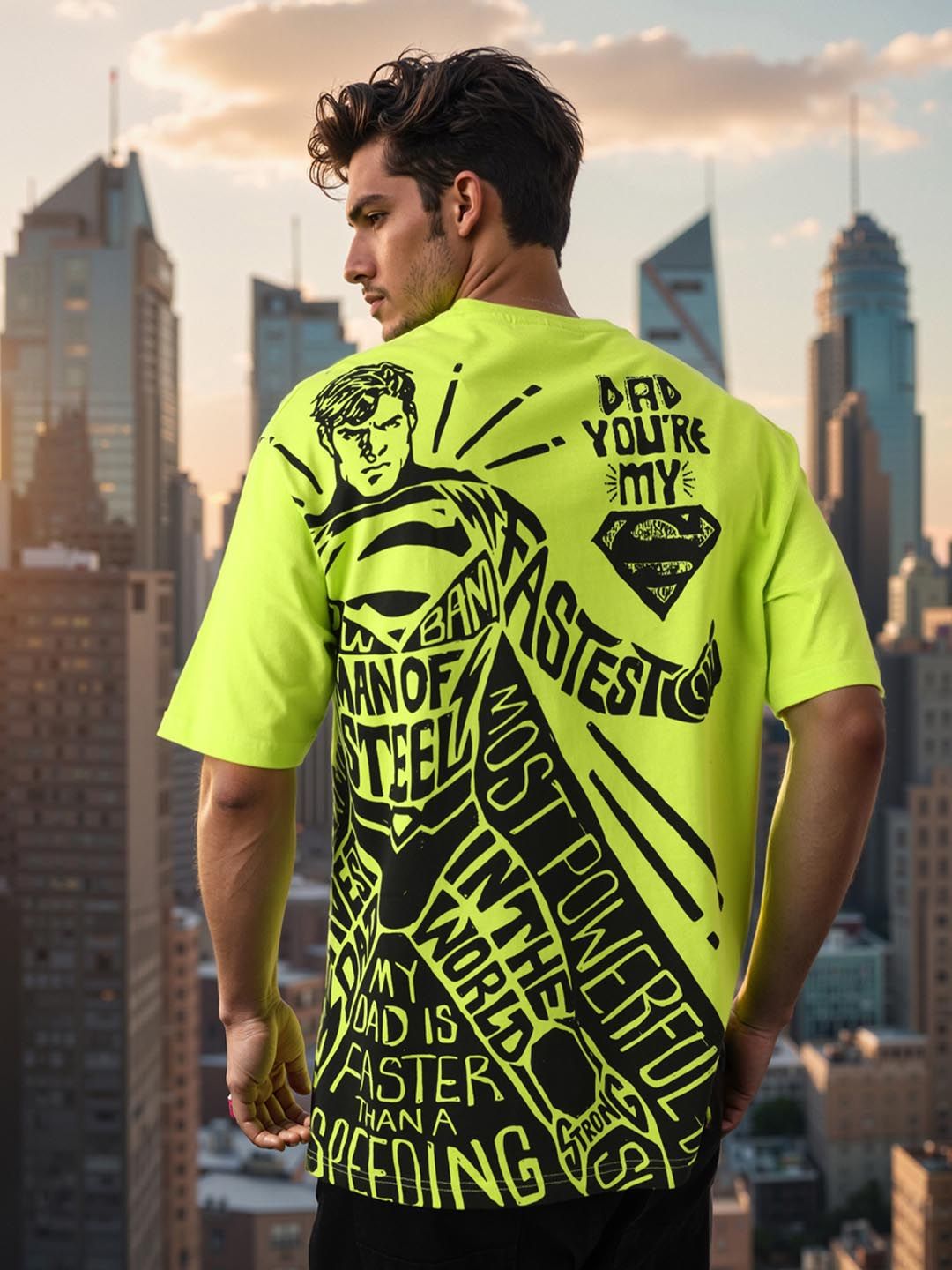 The Indian Garage Co Men Superman Typography Printed Round Neck Pure Cotton Boxy T-shirt