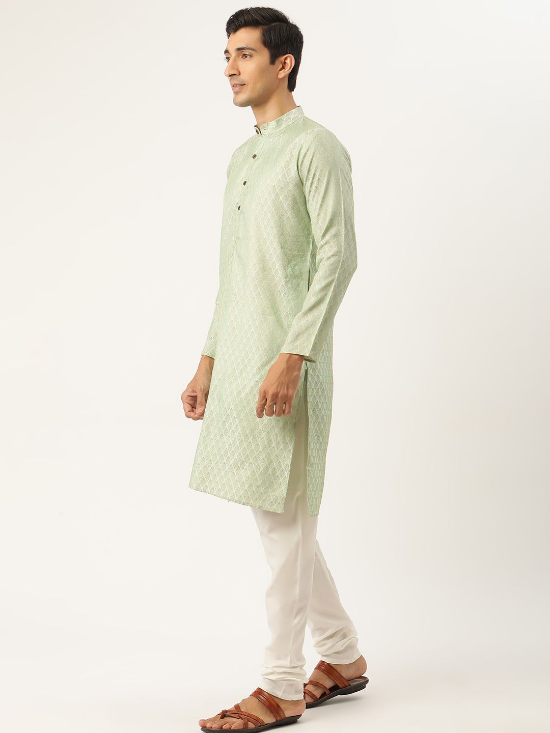 SOJANYA Men Green & Off-White Ethnic Motifs Kurta with Churidar & Nehru Jacket