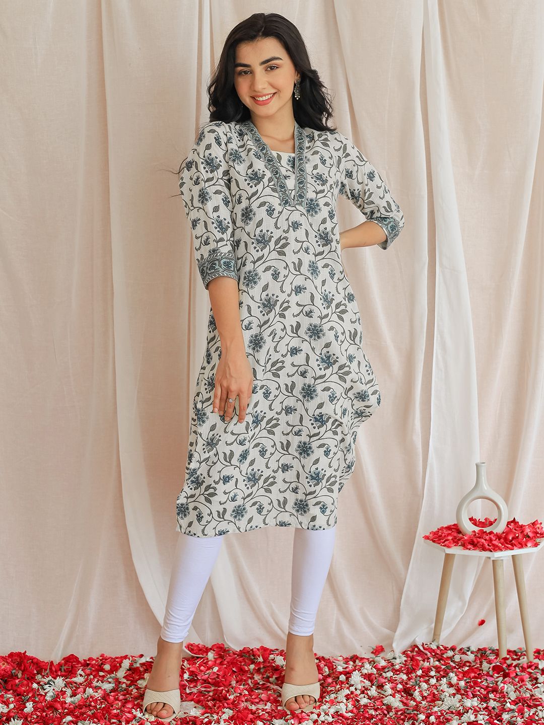 Libas Floral Printed Square Neck Sequinned Pure Cotton Straight Kurta