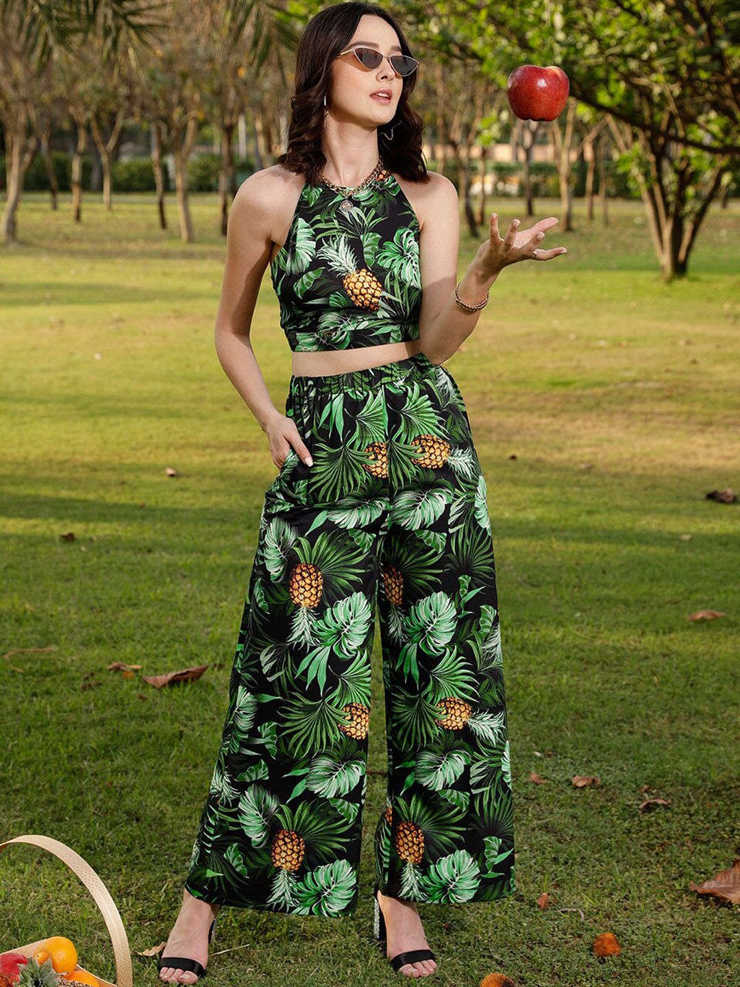 STREET 9 Black & Green Printed Top & Plazzo