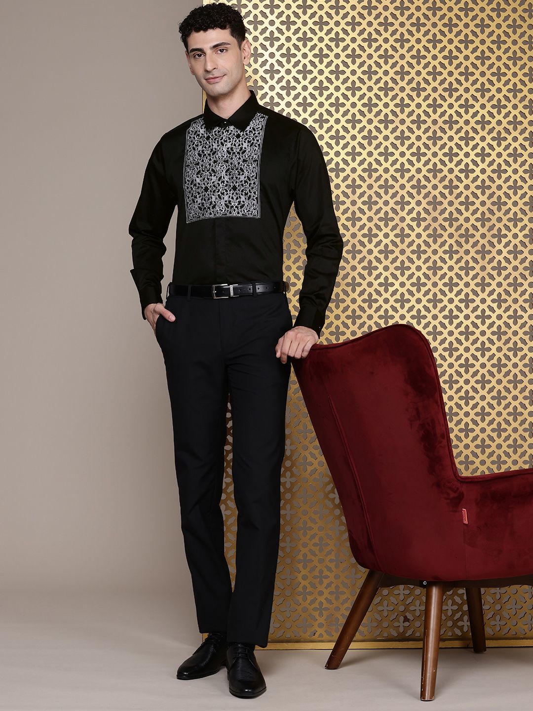 House of Pataudi Pure Cotton Ethnic Motifs Embroidered Opaque Party Shirt