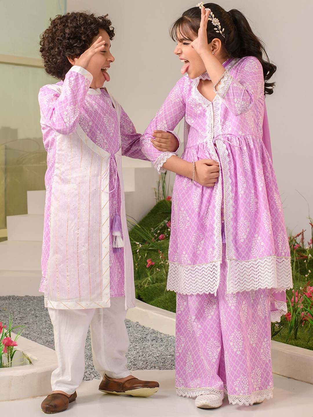 pspeaches Girls Ethnic Motifs Printed Pure Cotton Kurta With Palazzos & Dupatta