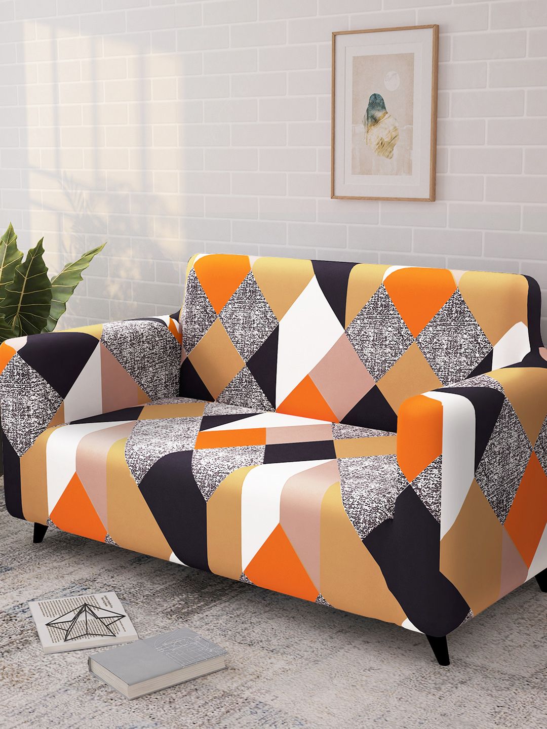 Story@home Orange & Beige Printed 2 Seater Stretchable Sofa Cover With Arms