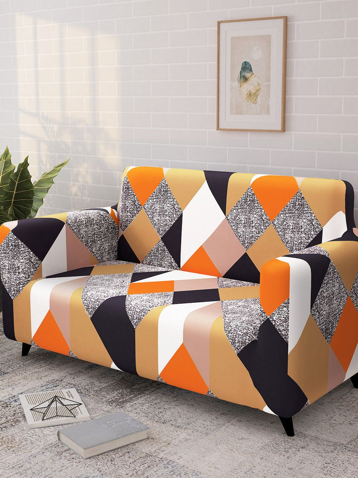 Story@home Orange & Beige Printed 2 Seater Stretchable Sofa Cover With Arms