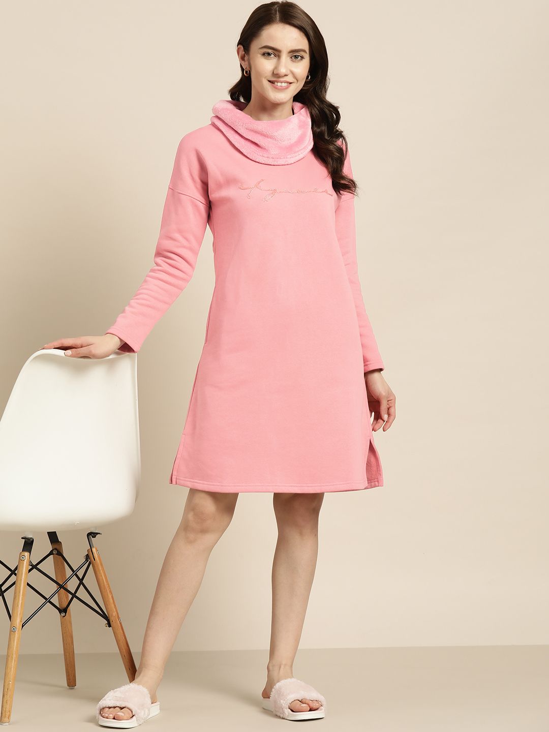 Sweet Dreams Pink Embroidered Turtle Neck Fleece Nightdress