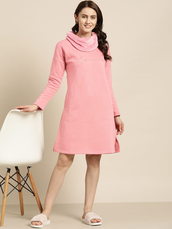Sweet Dreams Pink Embroidered Turtle Neck Fleece Nightdress