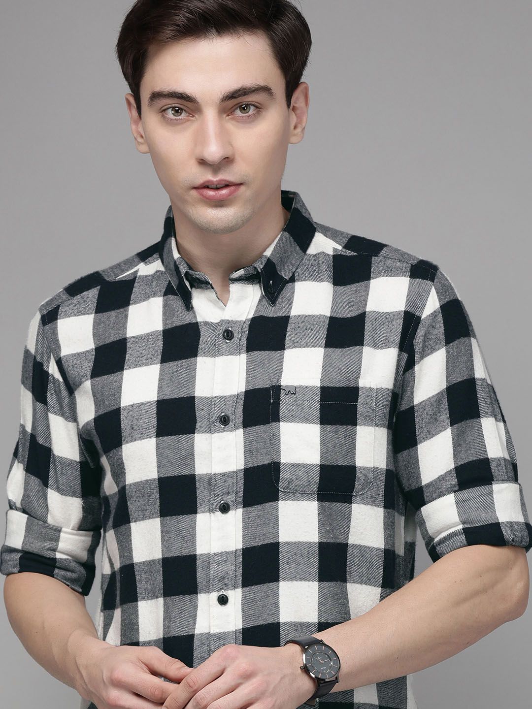 THE BEAR HOUSE Men Black Slim Fit Pure Cotton Checked Casual Shirt