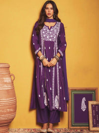 House of Chikankari Sonam Purple Chanderi Set Kurta Chikankari Dengan Dupatta