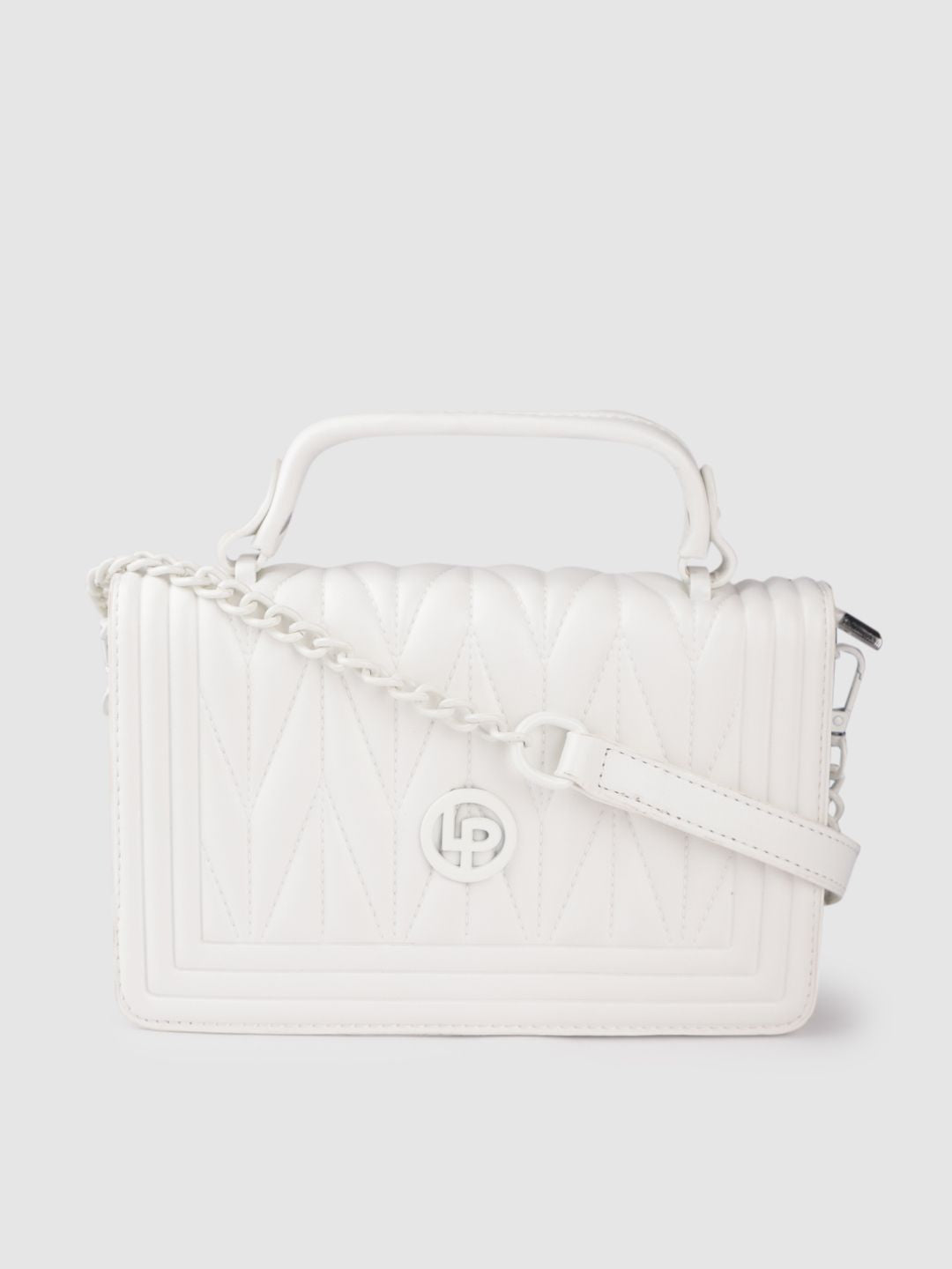 Lino Perros Women White Textured PU Structured Quilted Sling Bag