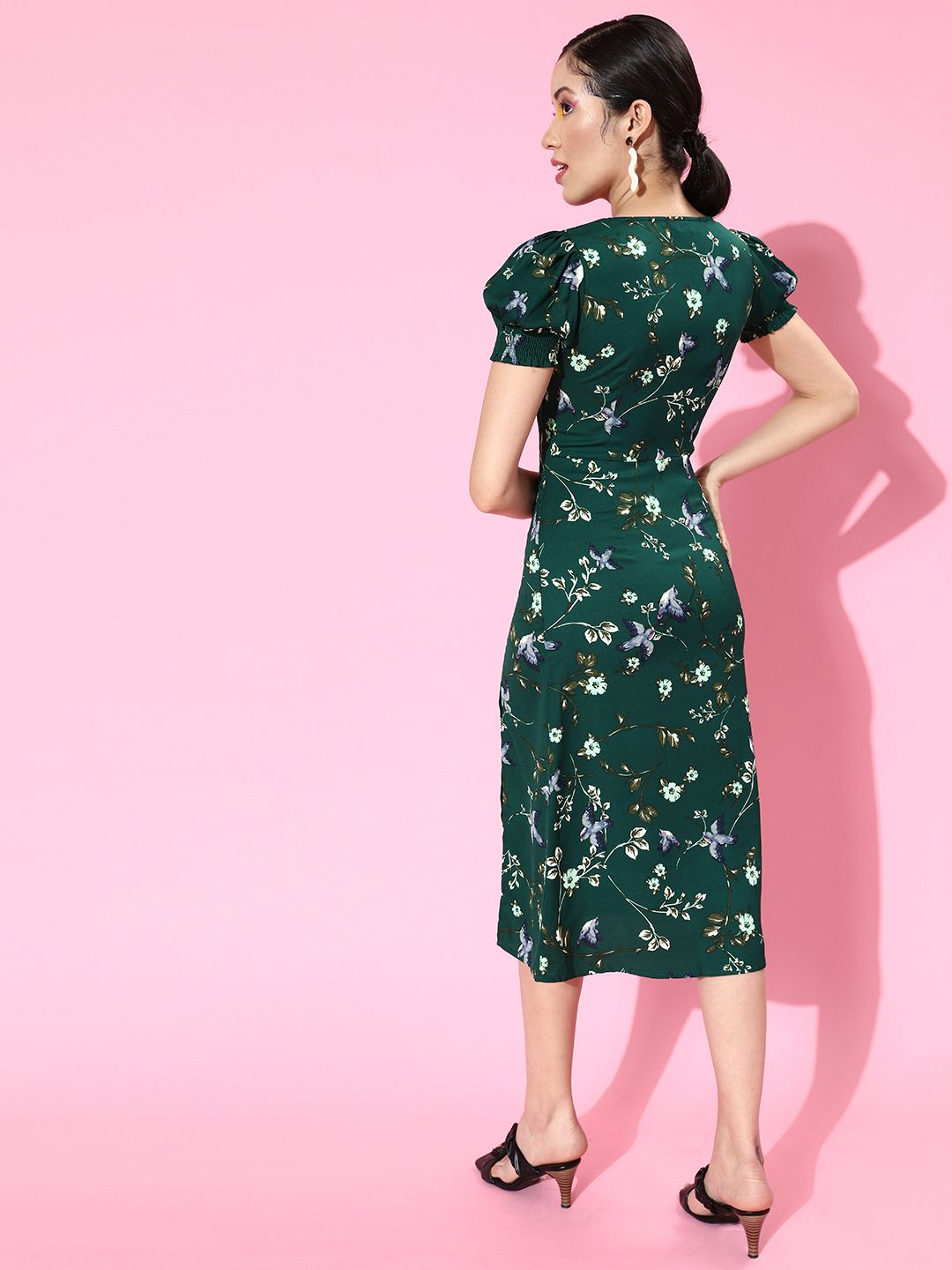Berrylush Women Gorgeous Green Floral Sweetheart Neck Dress