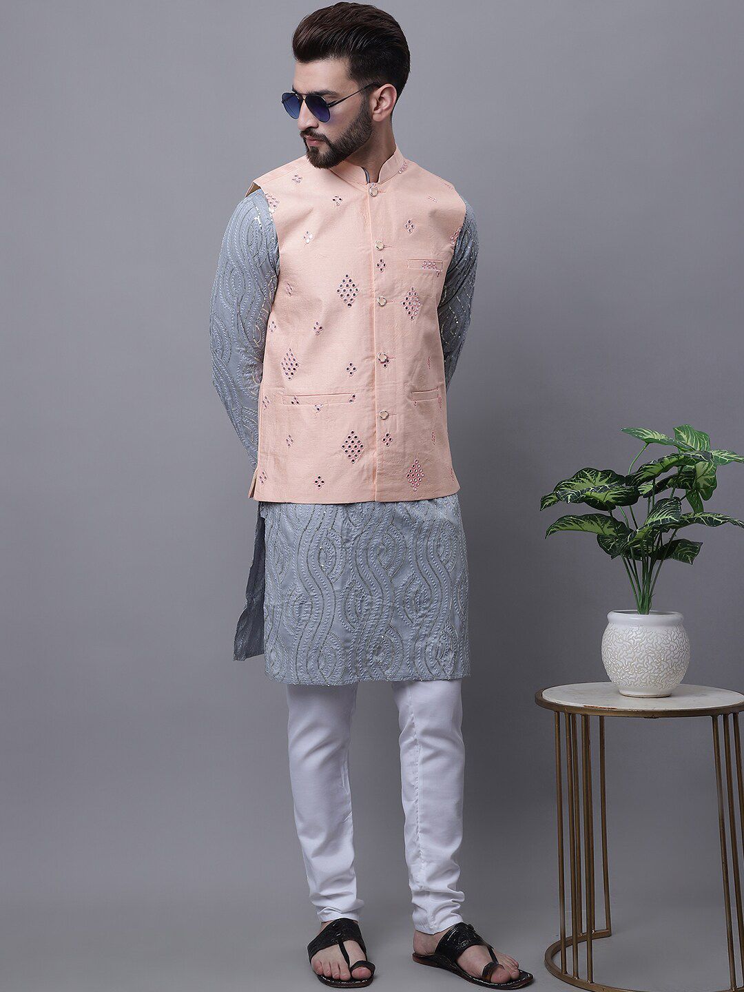 SOJANYA Lelaki Leheriya Sulam Kurta Kapas Tulen Dengan Churidar & Nehru Kurta