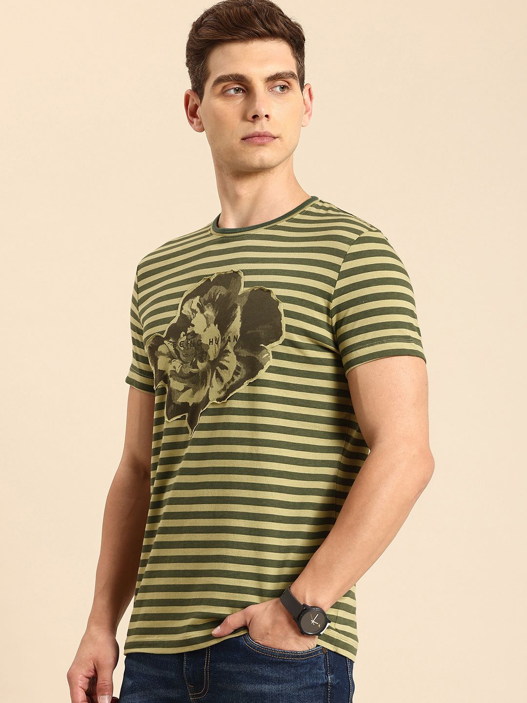 Being Human Pure Cotton Striped Applique T-shirt