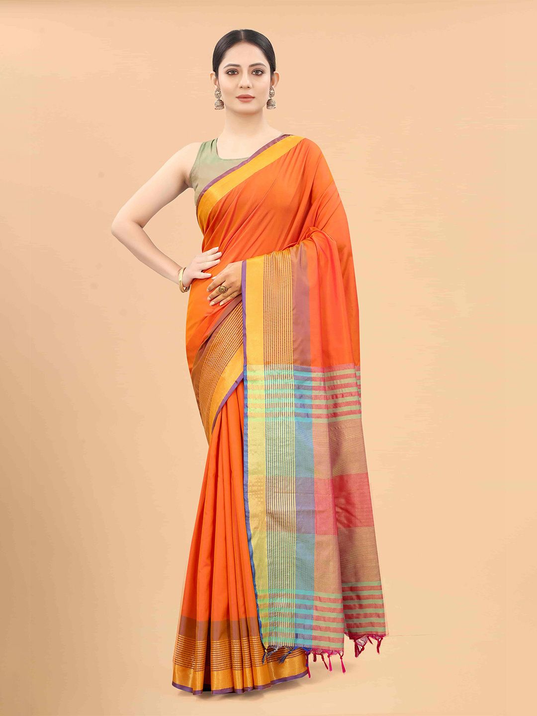 Silk Land Orange & Blue Zari Art Silk Arani Saree