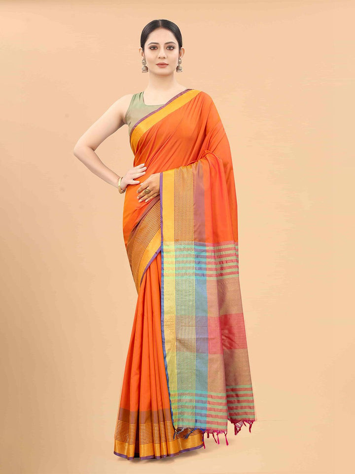Silk Land Orange & Blue Zari Art Silk Arani Saree
