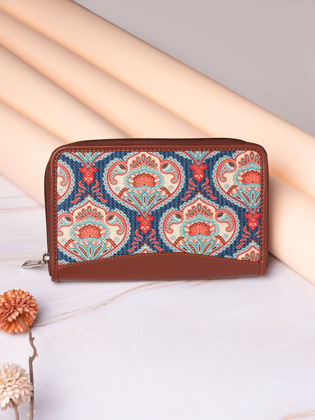 ZOUK Women Blue & Brown Ethnic Motifs Printed Zip Around Wallet