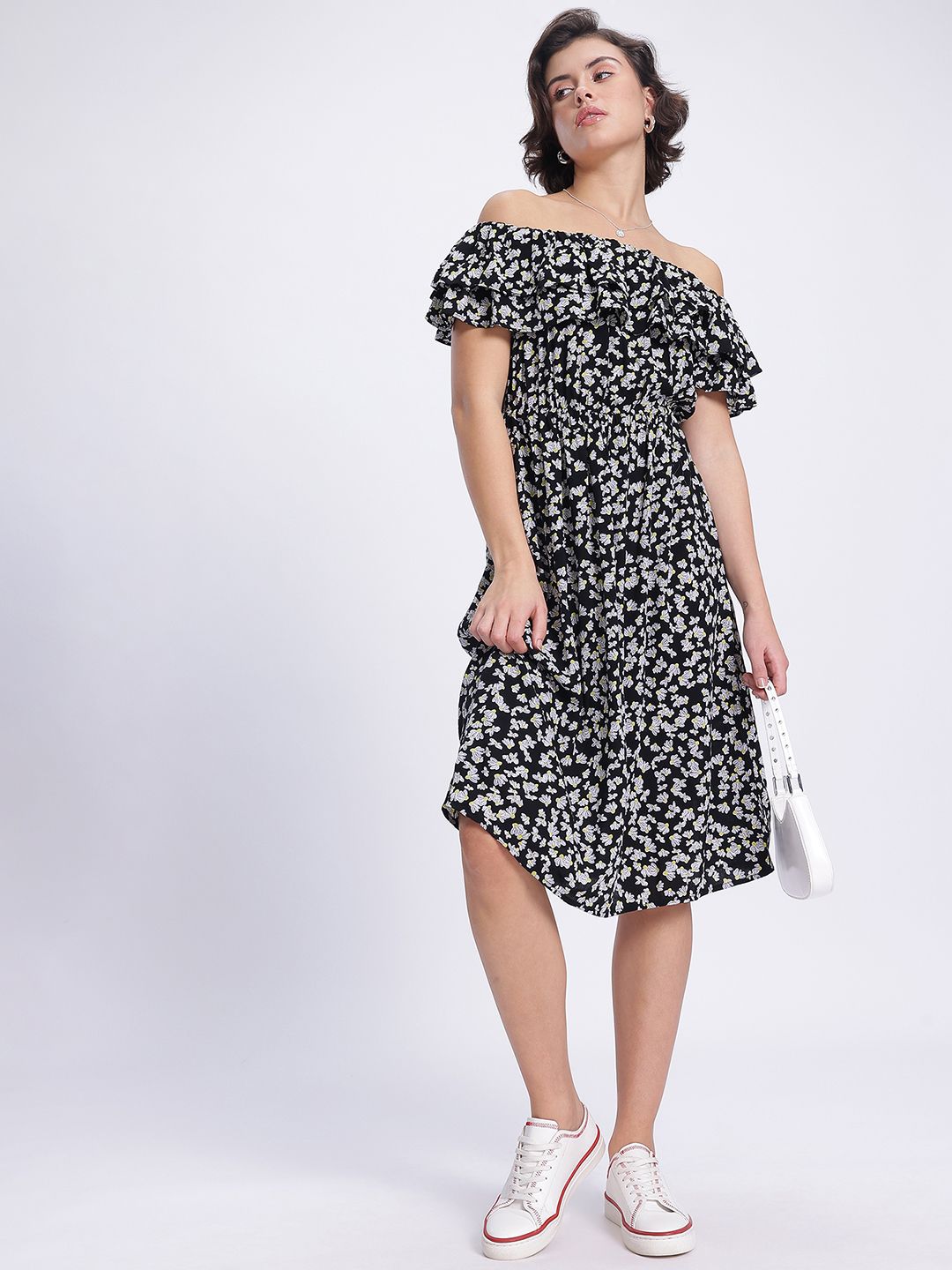 DressBerry Monochrome Florals Off-Shoulder A-Line Midi Dress