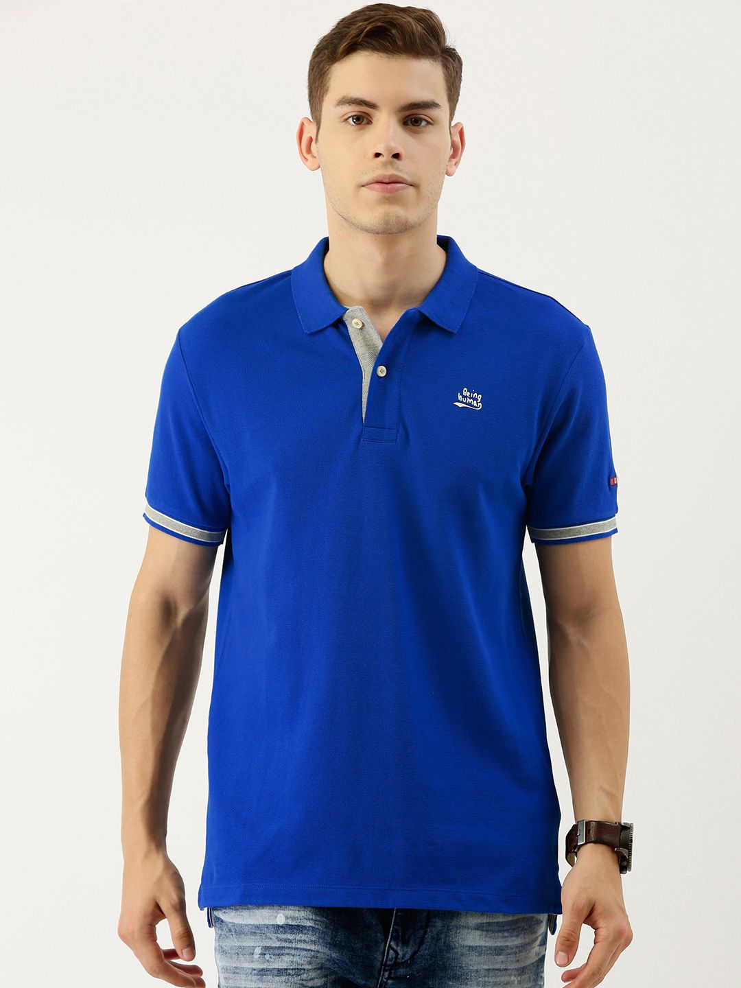 Being Human Men Blue Solid Polo Collar Pure Cotton T-shirt