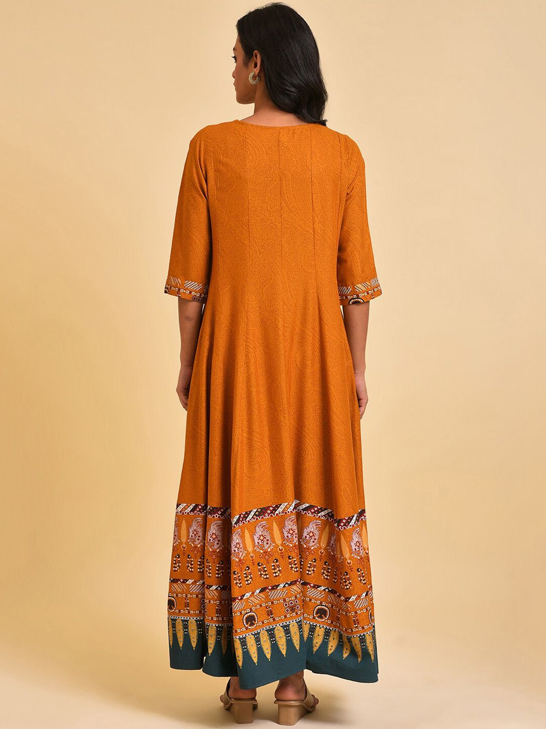 W Keyhole Neck Ethnic Motifs Printed Embellished A-Line Ethnic Dress