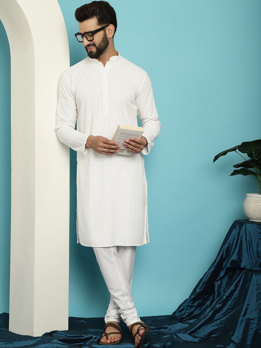 SOJANYA Embroidered Sequinned Pure Cotton Kurta with Pyjama Set