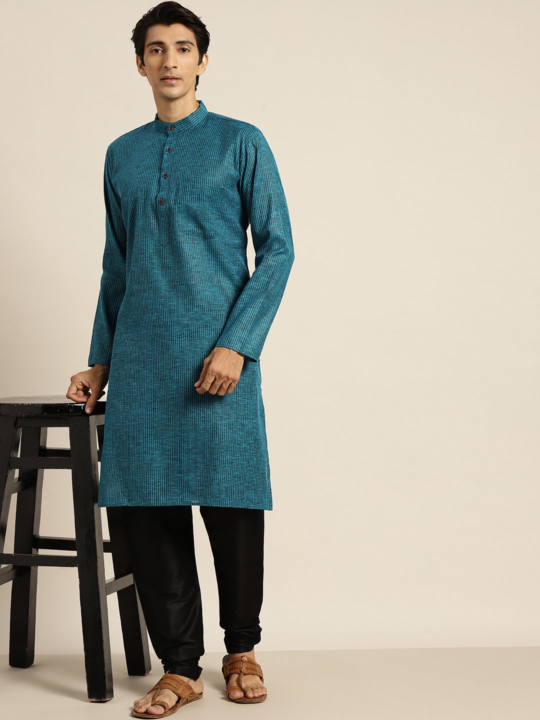 SOJANYA Lelaki Teal Blue Pure Cotton Striped Kurta