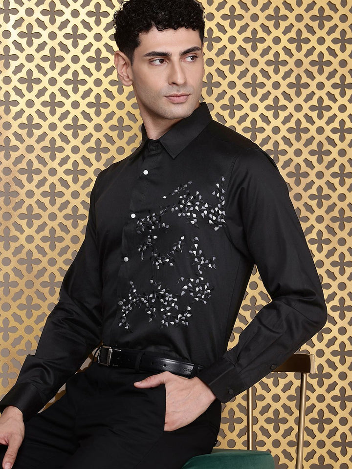 House of Pataudi Pure Cotton Floral Embroidered Opaque Party Shirt