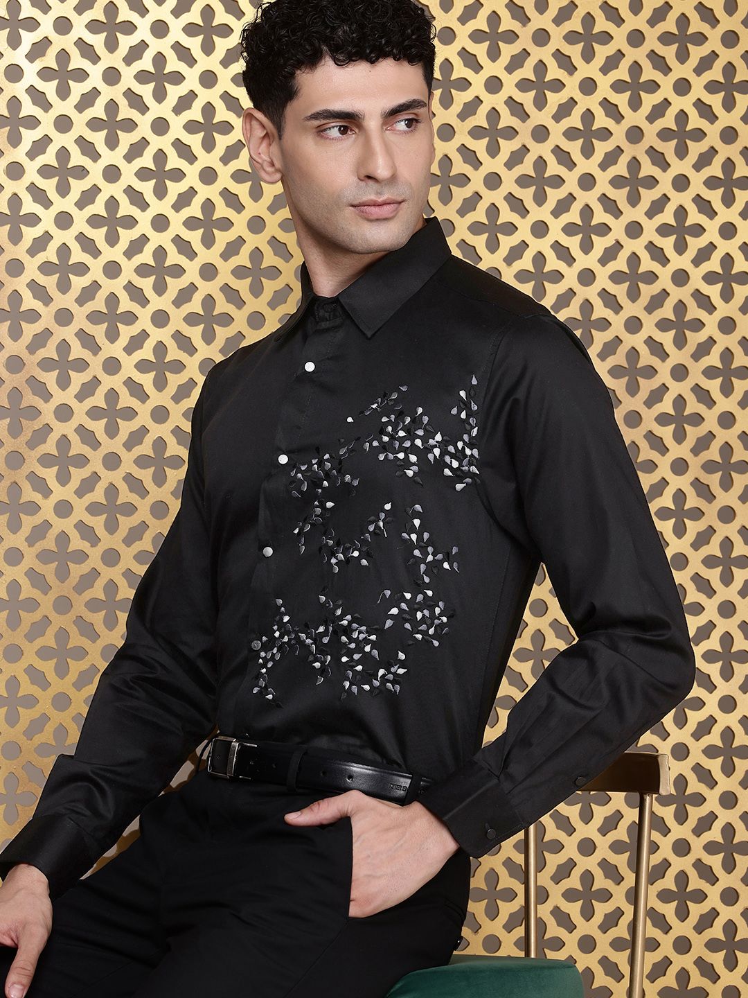 House of Pataudi Pure Cotton Floral Embroidered Opaque Party Shirt