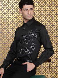 House of Pataudi Pure Cotton Floral Embroidered Opaque Party Shirt