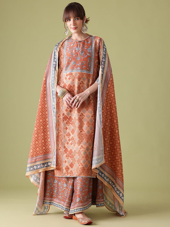 Anouk Indie Floral Printed Keyhole Neck Kurta with Palazzos & Dupatta