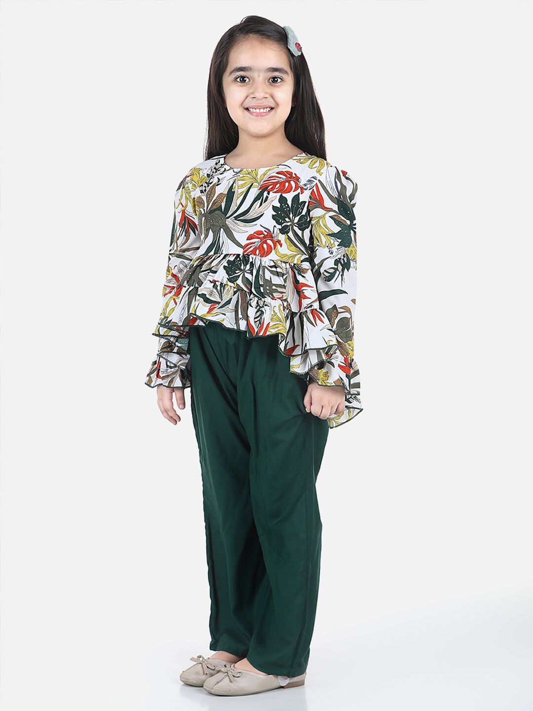 Cutiekins Girls Green & White Printed Top with Palazzos