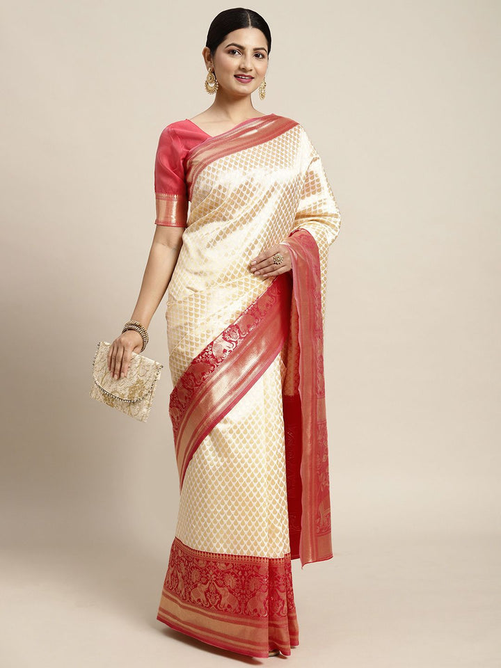 Saree mall Off White & Pink Ethnic Motifs Zari Silk Blend Kanjeevaram Sarees