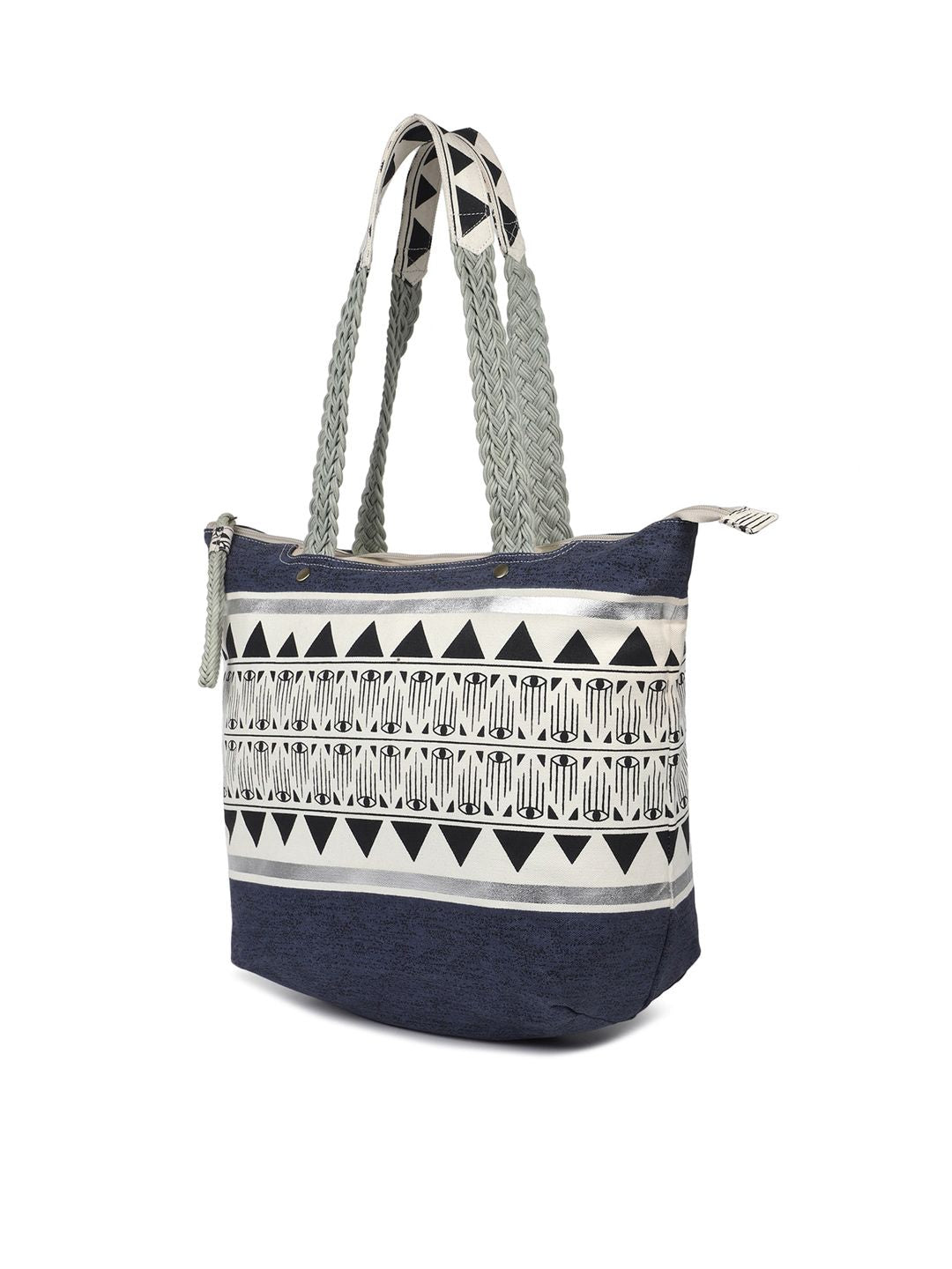 Berrylush Navy Blue & White Geometric Printed Shopper Tote Bag