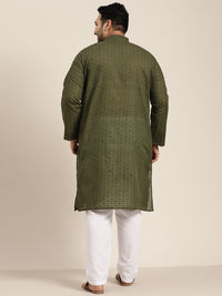 SOJANYA PLUS Size Men Olive Green Geometric Embroidered Pure Cotton Kurta
