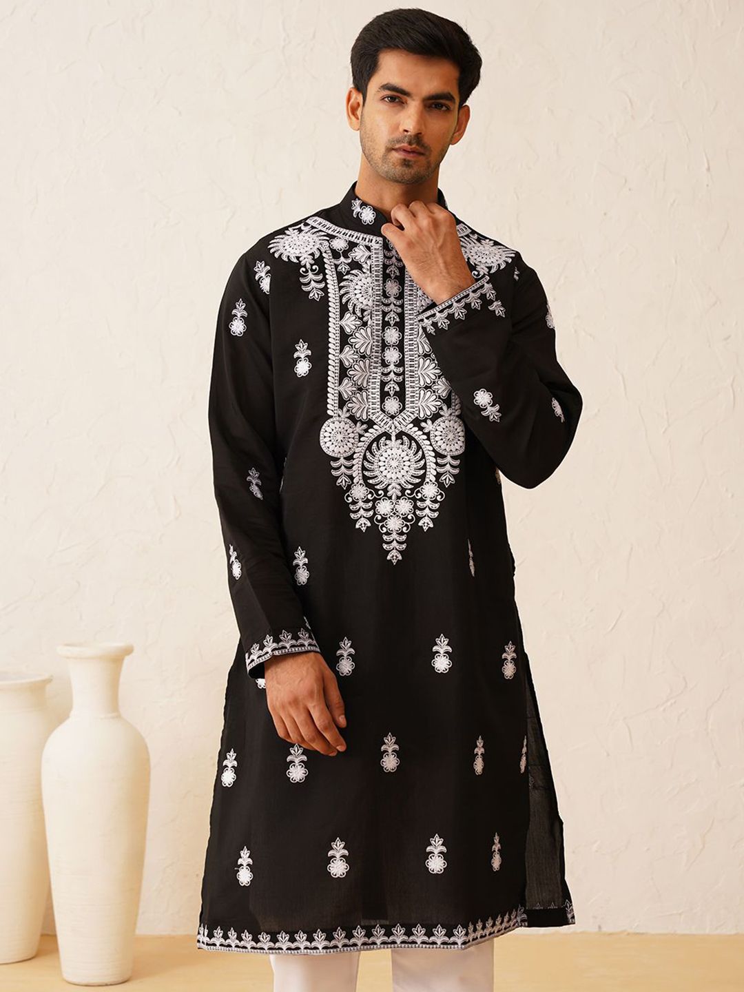SOJANYA LUXE Embroidered Mandarin Collar Long Sleeves Cotton Straight Kurta
