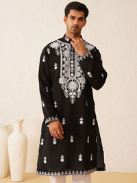SOJANYA LUXE Embroidered Mandarin Collar Long Sleeves Cotton Straight Kurta
