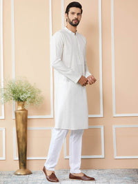 See Designs Striped Mandarin Collar Thread Work Chanderi Silk Straight Kurta With Trousers