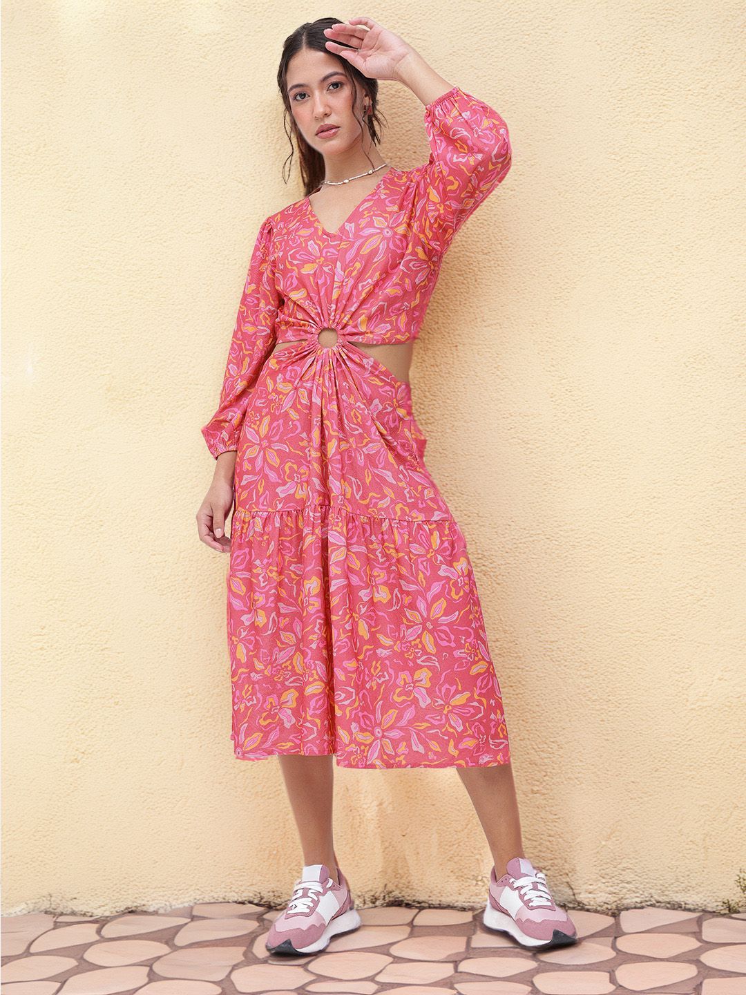 DressBerry Boho-Chic V-Neck Floral Print Cut-Out A-line Midi Dress