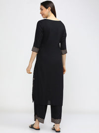 Vishudh Women Black & Gold-Coloured Ethnic Motifs Printed Kurta with Trousers